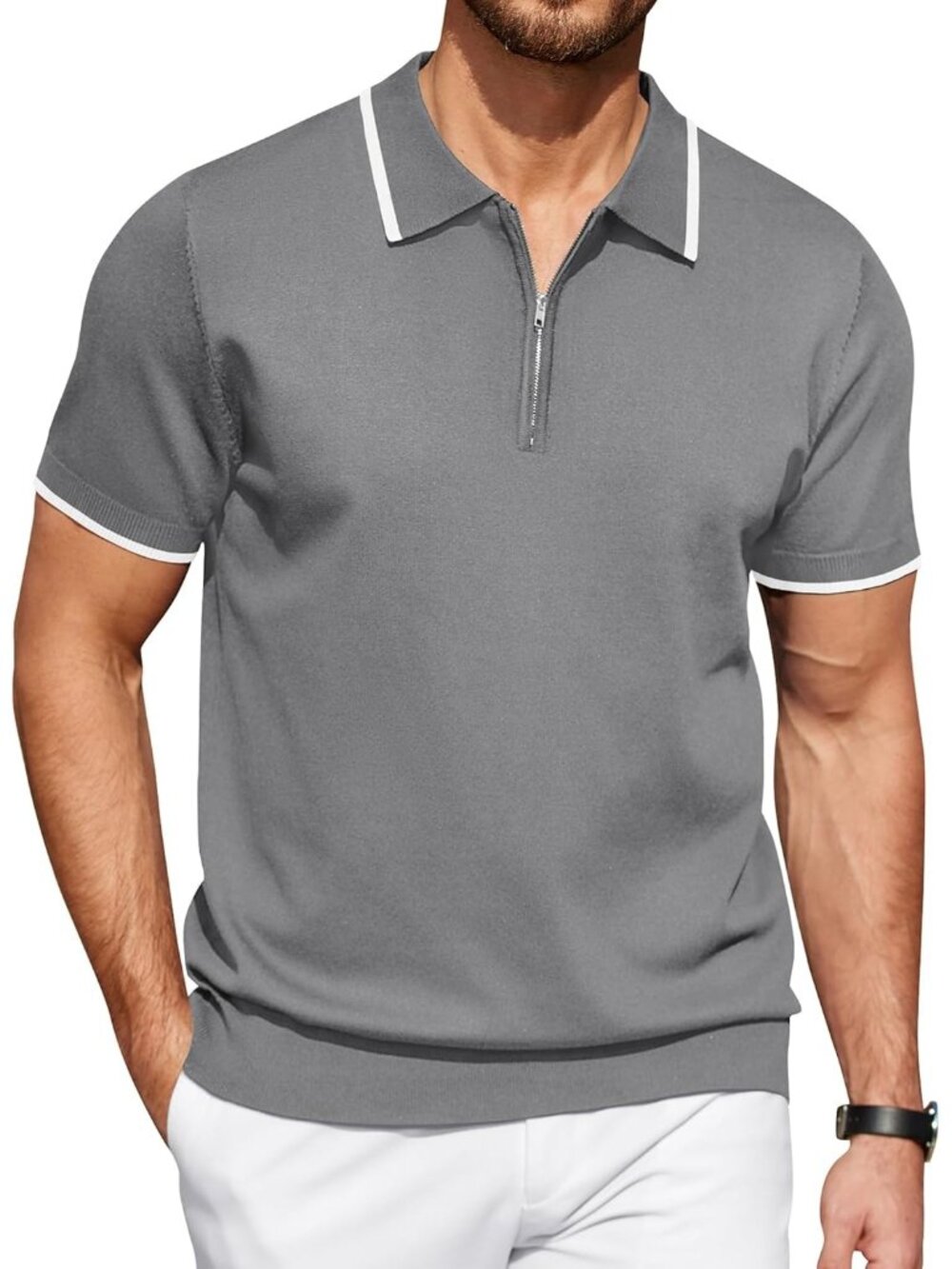 Men's Gray Zipper Polo Shirt Casual Knit Short Sleeve Classic Fit Tee Style